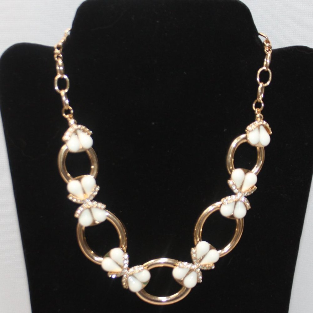 Talbot's Milk Glass & Rhinestone Gold Tone Necklace Choker 21" Adjustable